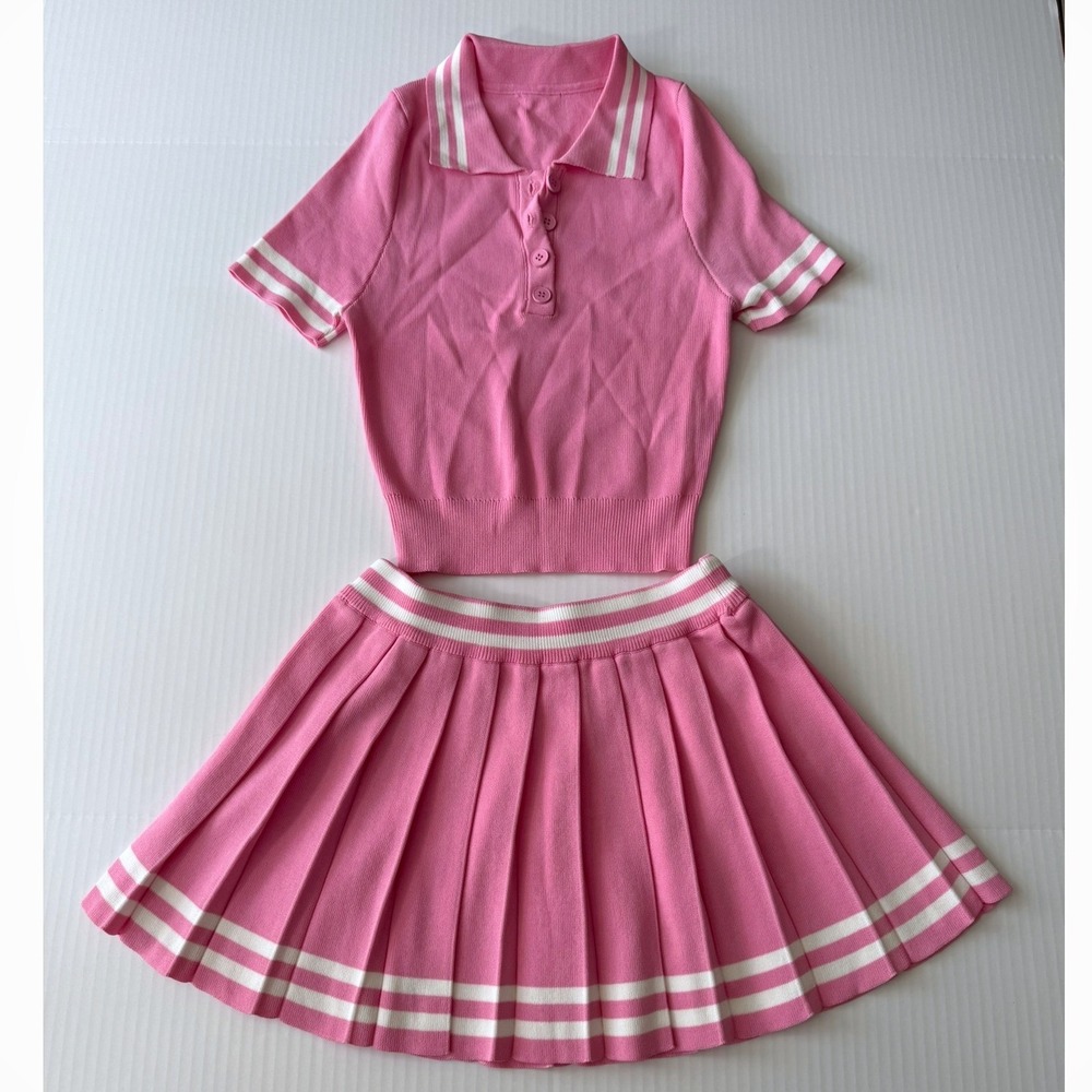 Unbranded Pink Skirt Set Women Small Preppy Knit Polo Top Pleated Mini Skirt